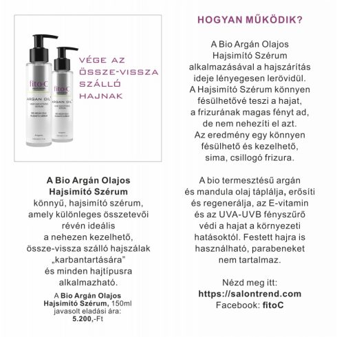 fito.C - Argan Oil Hairsmoothing Serum - Bio Argán Olaj Hajsimító Szérum, 150ml - 7.300,-Ft